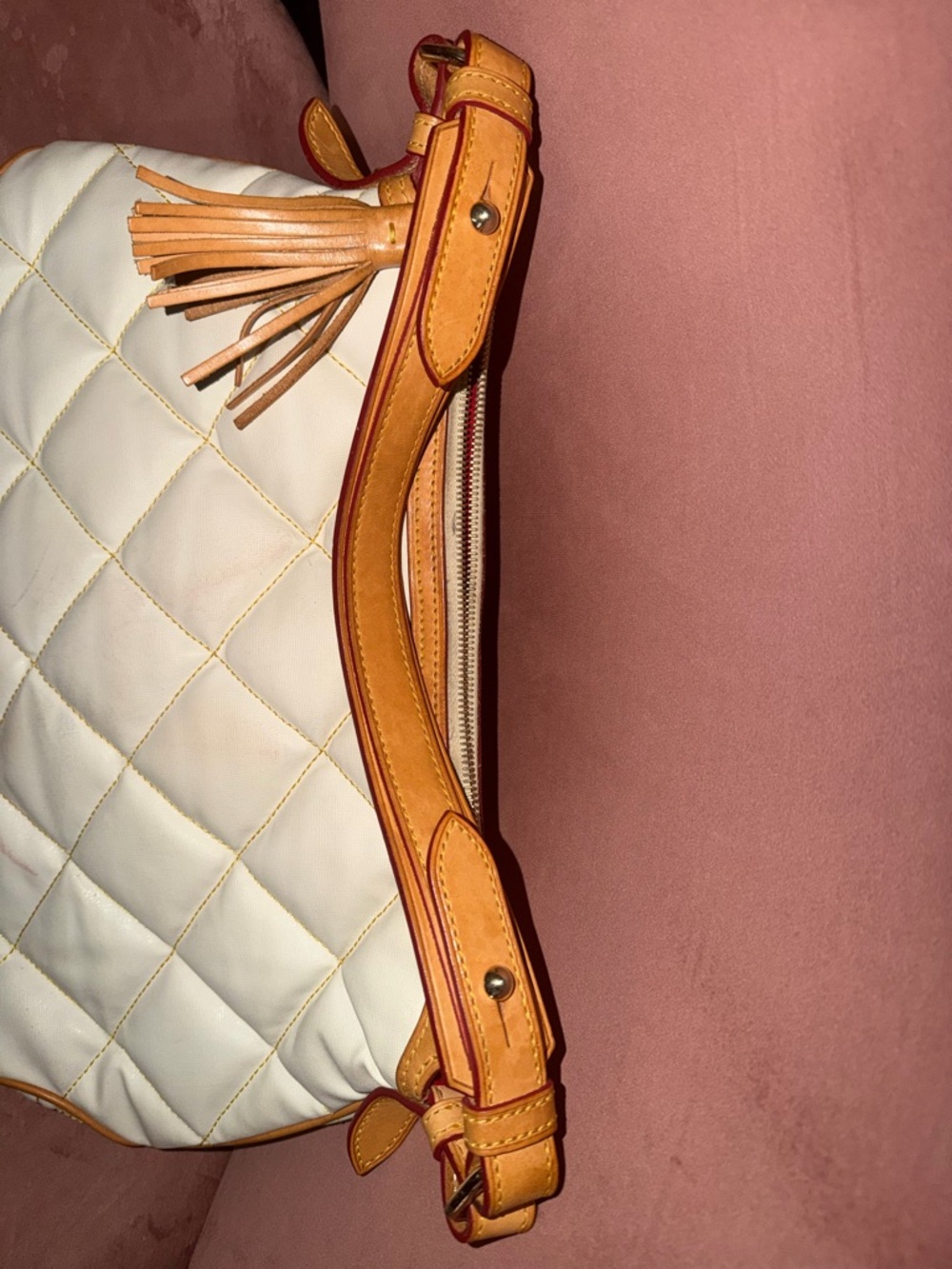 Dooney & Bourke Cream Quilted Leather Shoulder Bag with Tan Trim - Picture 3 of 12